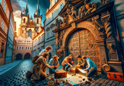 A group of young people playing an outdoor escape game in the streets of Prague.