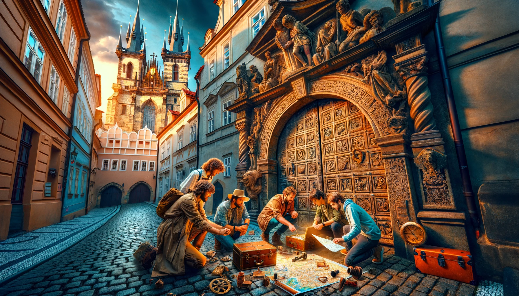 A group of young people playing an outdoor escape game in the streets of Prague.